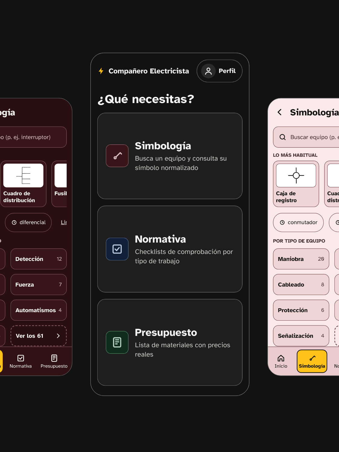 Three screens of Compañero Electricista on dark and light themes: the home menu and the Simbología tool